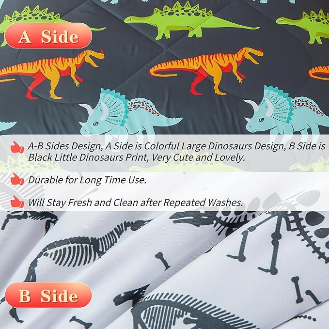 RYNGHIPY Dinosaur Bedding Set Twin Size Dinosaur Kids Comforter Set for Boys Girls Soft Breathable Cute Dinosaur Bed Set for All Season (Black,Twin)