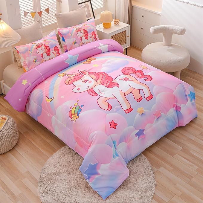 Aimuan Girls Unicorn Comforter Set 3 Pieces Pink Purple Bedding Set with Rainbow Star Galaxy Stars Fantasy Children Room Decor Soft Reversible Bed Sets for Boys/Girls/Teens (Pink Twin3Pcs)