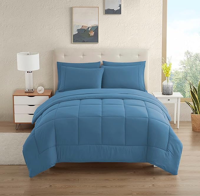 Dorm Room Essentials College Bedding Comforter Set 7 Piece Full Size Bed in a Bag for College Students Boys and Girls, Full, Denim Blue