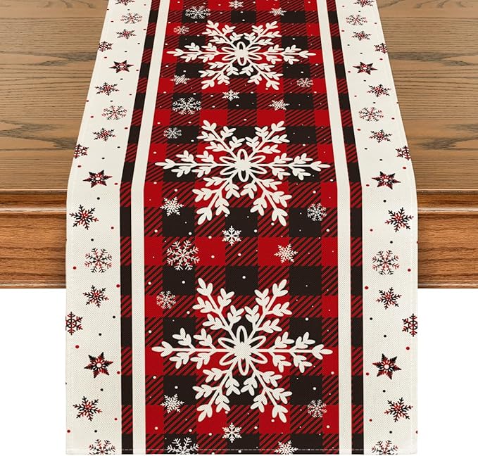 Artoid Mode Buffalo Plaid Snowflakes Christmas Table Runner, Seasonal Winter Kitchen Dining Table Decoration for Home Party Decor 13x90 Inch