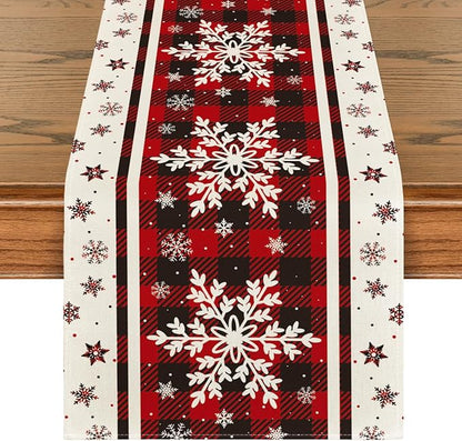 Artoid Mode Buffalo Plaid Snowflakes Christmas Table Runner, Seasonal Winter Kitchen Dining Table Decoration for Home Party Decor 13x90 Inch