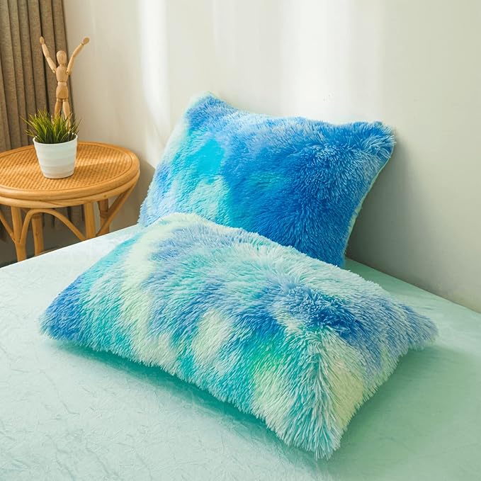 Tie dye Plush Fluffy Comforter Cover Set Queen - Ultra Soft Faux Fur tie dye Bedding Sets 3 Pieces (1 Shaggy Duvet Cover + 2 Pillow case) Fluffy Bed Set (Tie Dye Mint, Queen)