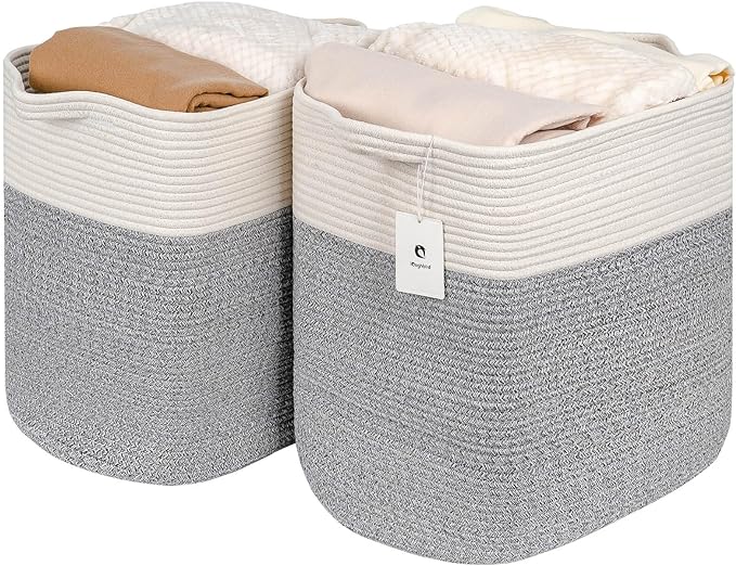 Large Cotton Tall Rectangle Small Laundry hamper Dog Toy Storage Baskets Woven Basket Bins Foldable Medium With Handle Toys and Fabric Storing Storage Silver Gray 2 Pack