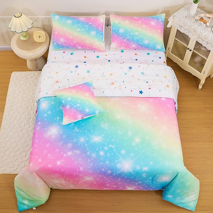 6 Pcs Bed in A Bag Glitter Galaxy Comforter Set Twin Size, Ombre Pink Rainbow Bedding Sets with Sheets for Girls