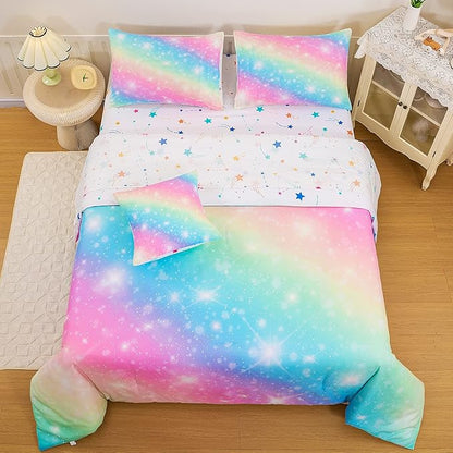 6 Pcs Bed in A Bag Glitter Galaxy Comforter Set Twin Size, Ombre Pink Rainbow Bedding Sets with Sheets for Girls