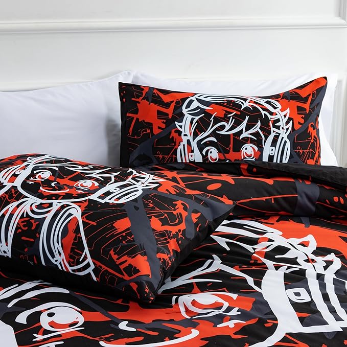 Btargot Colorful Camouflage Graffiti Style Comforter Set, 3 Piece Headphone Hip Hop Boy Line Pattern Bedding Set for Kids Boys Grils Teen, Twin Red