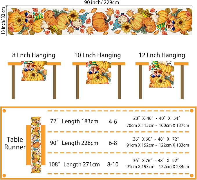 Fall Table Runner 90 Inches Long Autumn Table Runner Pumpkins Maple Leaves Gnome Fall Theme Decor for Kitchen Dining Table Home Party Decorations