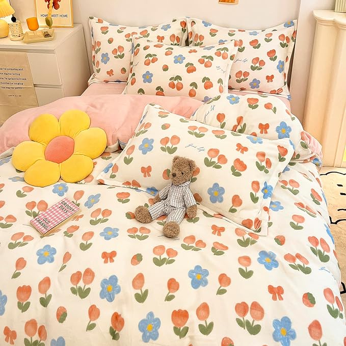 MorroMorn Twin Bedding Sets, Pink Tulips Floral Duvet Cover Set, Plush Fluffy Comforter Covers Lightweight Blanket Ultra Soft Cute for Girls Kids Toddler Teen Preppy Twin/Twin XL Size