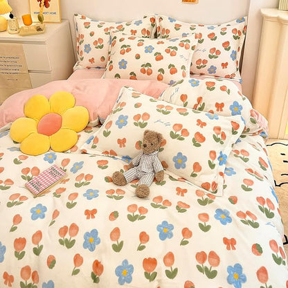 MorroMorn Twin Bedding Sets, Pink Tulips Floral Duvet Cover Set, Plush Fluffy Comforter Covers Lightweight Blanket Ultra Soft Cute for Girls Kids Toddler Teen Preppy Twin/Twin XL Size