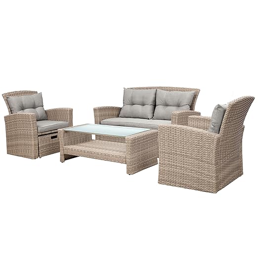 Set, 4 Piece Outdoor Wicker Rattan Sectional Sofa with Glass Table, Ottoman and Soft Cushions, Front Porch Apartment Patio Furniture for Backyard Lawn Garden, Onesize, E-Gray-e
