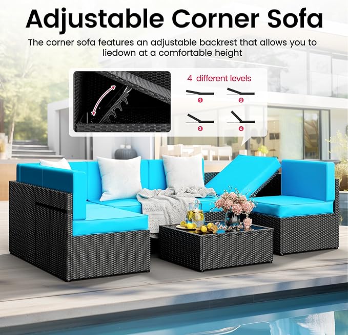 Pamapic 7-Piece Outdoor Furniture,All-Weather Wicker Modular Sectional Sofa with Patio Crystal Coffee Table, Adjustable Reclining Sectional Couch with Washable Removable Cushion Covers, Light Blue