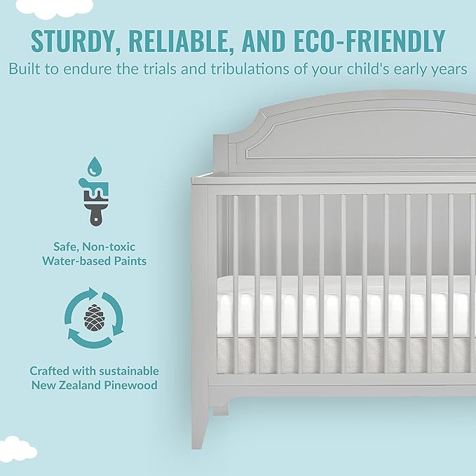JPMA & Greenguard Gold Certified Milton 5-in-1 Convertible Crib Made with Sustainable New Zealand Pinewood in Pebble Grey, Non-Toxic Finish