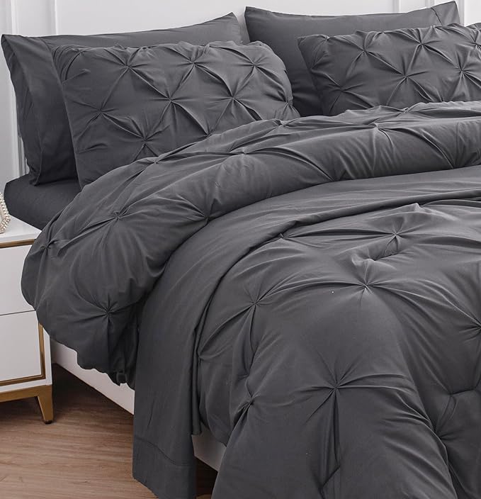 LANE LINEN Twin Comforter Set with Sheets, 5 Piece Twin Bed in a Bag Set, Pintuck Twin Bedding Sets, Ultra Soft Twin Bed Set, Fluffy Comforter, Twin Size Comforter Set with Pillowcases & Shams - Grey