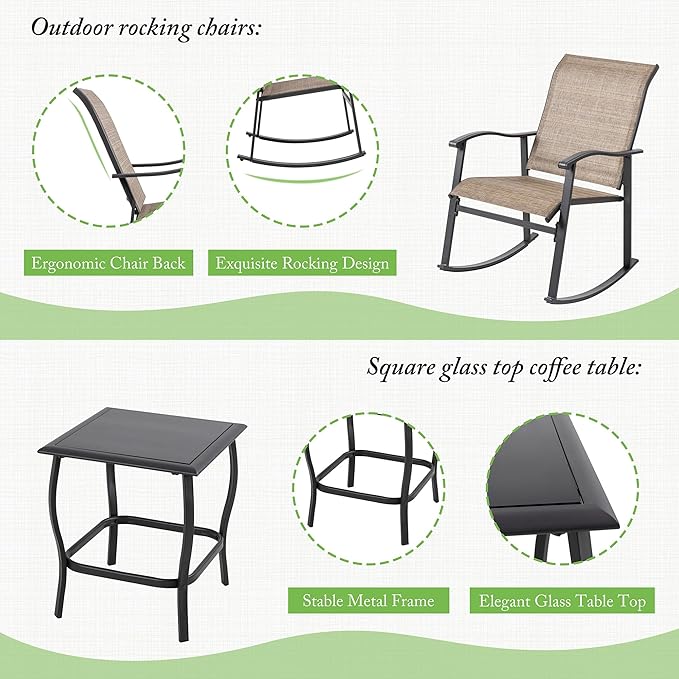 Shintenchi 3 Piece Rocking Bistro Set, Outdoor Furniture with Rocker Chairs and Glass coffee table set of 3, Balcony, Porch Furniture for Small Space, Brown