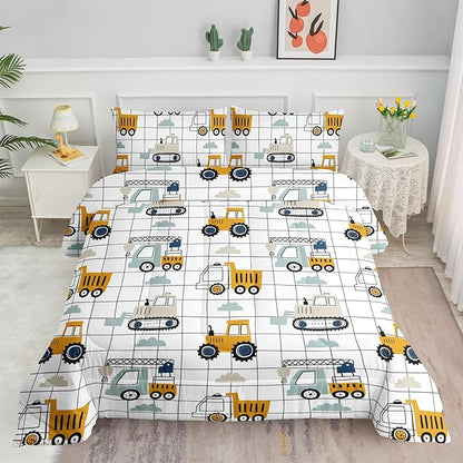 Datura home Construction Truck Comforter Set for Boys Kids Children, Machinery Excavators Vehicles Cartoon Tractor Bedding with 1 and 2 Pillowcases(Construction Queen 90x90inches)