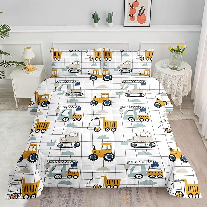 Datura home Construction Truck Comforter Set for Boys Kids Children,Machinery Truck Excavators Vehicles Cartoon Tractor Bedding Set with 1 Comforter and 2 Pillowcases(Construction Truck Twin) 68x86in
