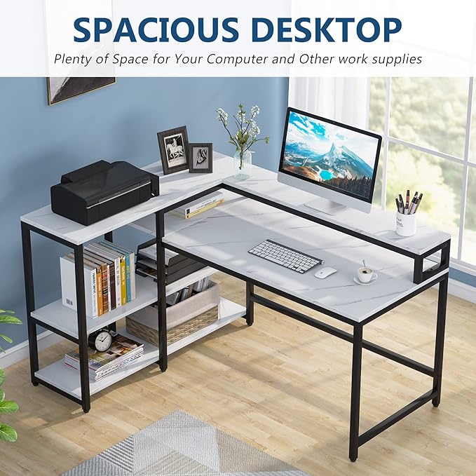 Reversible L Shaped Computer Desk with Storage Shelf, Industrial Corner Desk with Monitor Stand for Home Office