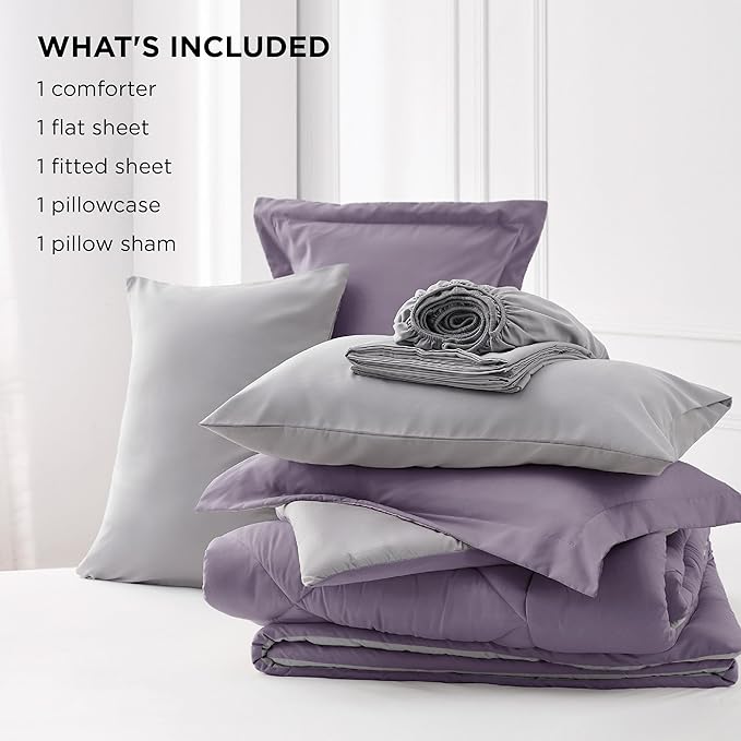 Bedsure Grayish Purple Twin Comforter Set - 5 Pieces Reversible Twin Bed in a Bag, Extra Long Twin Bed Set Grayish Purple and Grey with Comforters, Sheets, Pillowcase & Sham