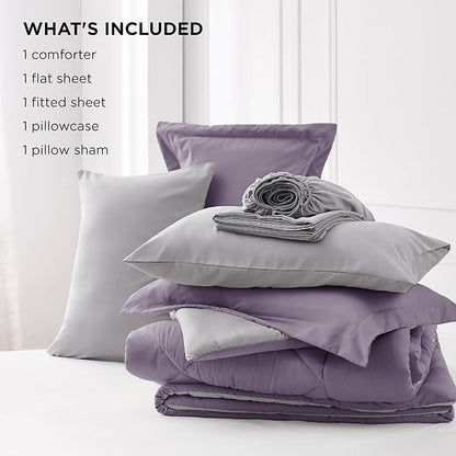 Bedsure Grayish Purple Twin Comforter Set - 5 Pieces Reversible Twin Bed in a Bag, Extra Long Twin Bed Set Grayish Purple and Grey with Comforters, Sheets, Pillowcase & Sham