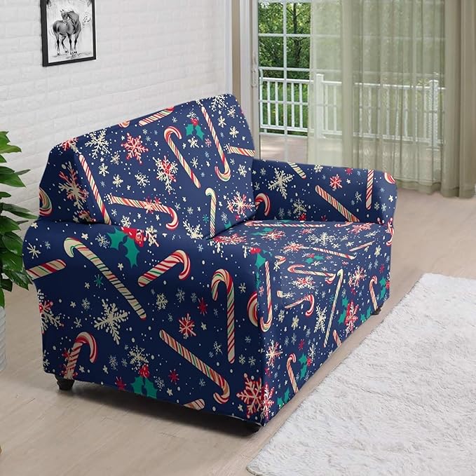 FKELYI Christmas Easy Going Stretch Sofa Slipcover Blue Candy Cane Furniture Protector Easy Going Stretch Sofa Slipcovers with Elastic Bottom M