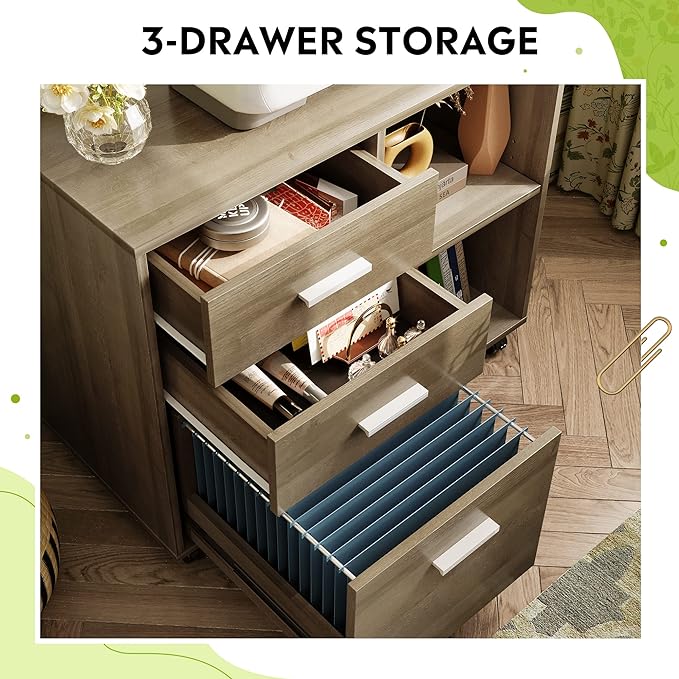 DEVAISE 3-Drawer Wood File Cabinet, Mobile Lateral Filing Cabinet, Printer Stand with Open Storage Shelves for Home Office, Gray Oak