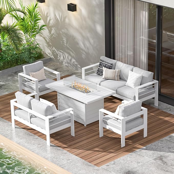 Wisteria Lane Aluminum Patio Furniture Set, 5 Piece Metal Outdoor Furniture Set with CSA Certified 54in Propane Gas Fire Pit Table, Patio Conversation Set with 5in Olefin Cover Cushions (White)