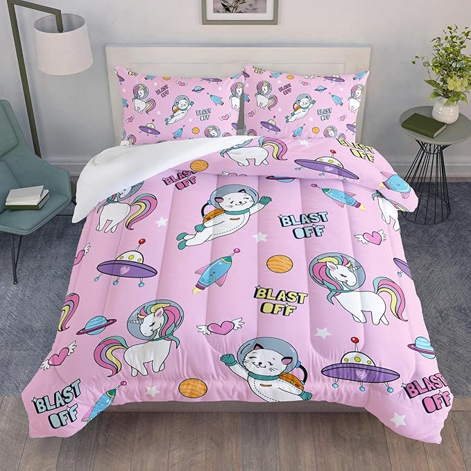 Kawaii unicorn Cat Comforter Set 3 Pieces Universe Galaxy Outer Space Bedding Set Astronaut Rocket Bed Quilt Set for Girls Boys Kids Pink