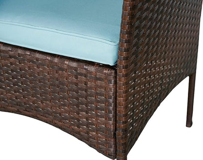 BTEXPERT Space Saving Outdoor Wicker Conversation 3 Piece Bistro Set Garden Patio Yard Porch Furniture Pe Rattan Two Chairs Cushions Side Storage Table Brown/Aqua Blue, OneSize