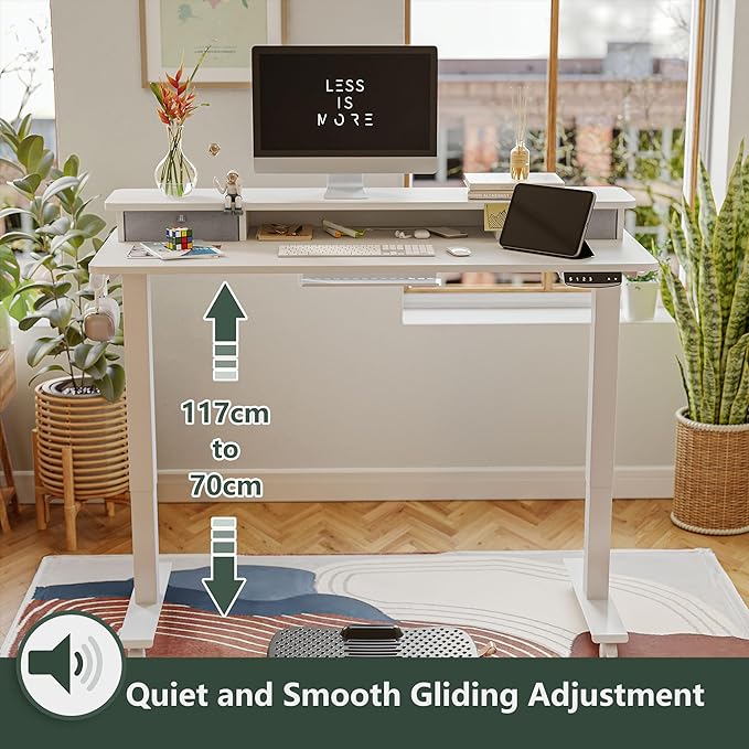 FEZIBO 60 x 24 Inch Height Adjustable Electric Standing Desk with Double Drawer, Stand Up Desk with Storage Shelf, Sit Stand Desk, White