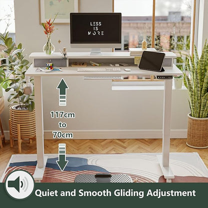 FEZIBO 60 x 24 Inch Height Adjustable Electric Standing Desk with Double Drawer, Stand Up Desk with Storage Shelf, Sit Stand Desk, White