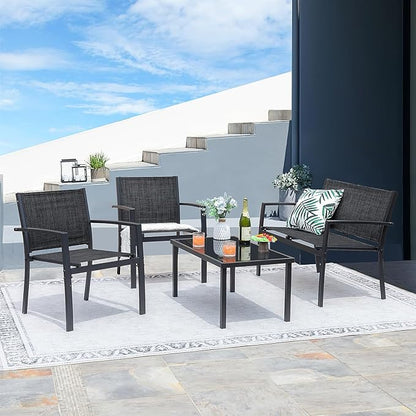 Greesum 4 Pieces Patio Furniture Set Outdoor Conversation Textilene Fabric Chairs for Lawn, Garden, Balcony, Poolside with A Glass Coffee Table, Black