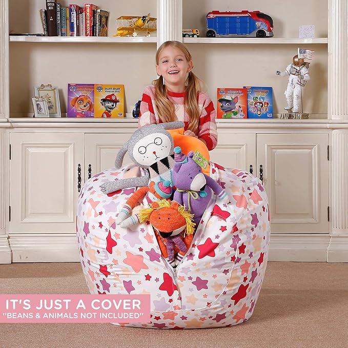 Aubliss Stuffed Animal Bean Bag Storage Chair, Beanbag Covers Only for Organizing Plush Toys, Turns into Bean Bag Seat for Kids When Filled, Medium 32"-Canvas Pattern Sparkling Star