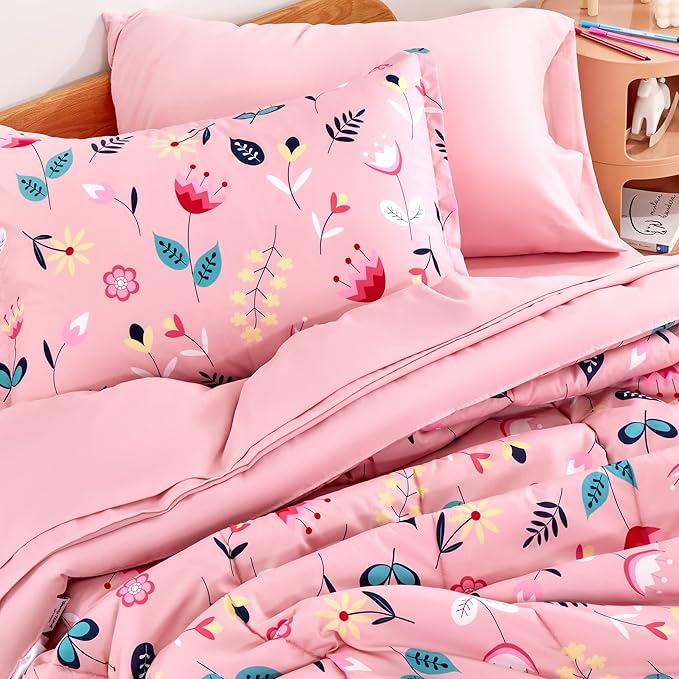 SLEEP ZONE Kids Bedding Comforter Set Full/Queen Size - Super Cute & Soft Kids Bedding 7 Pieces Set with Comforter, Sheet, Pillowcase & Sham (Pink Flower)