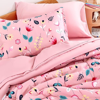 SLEEP ZONE Kids Bedding Comforter Set Full/Queen Size - Super Cute & Soft Kids Bedding 7 Pieces Set with Comforter, Sheet, Pillowcase & Sham (Pink Flower)