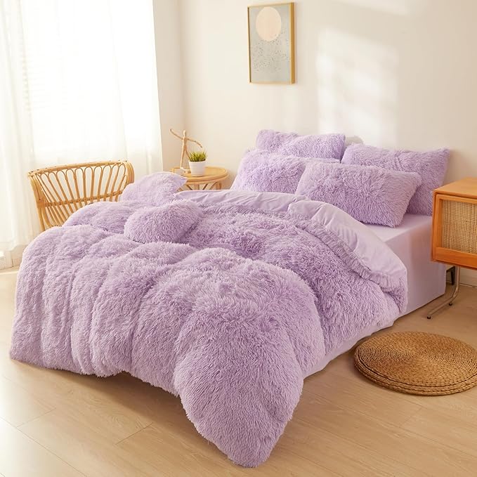 FOPPA Lilac fluffy Comforter Cover Set king- Ultra Soft fluffy lilac Bedding Sets 3 Pieces (1 Duvet Cover + 2 Pillow case) pink fluffy bed set (Lilac, King)