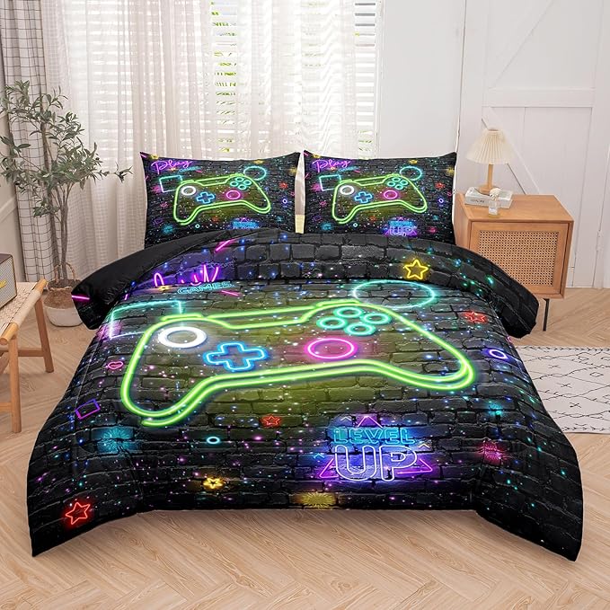 Gamer Comforter Sets for Boys, Twin Boys Bedding Set, 5 Piece Bed in a Bag Twin Boys, Teen Boy Comforter Set, Gamer Bedding Set with Flat Sheet, Fitted Sheet