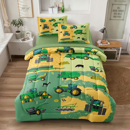 Full Construction Bedding Set for Boys Kids Farm Tractor Bedding 5 Pieces Cars Full Comforter Set for Boys, Full Truck Bed in a Bag Set Boys