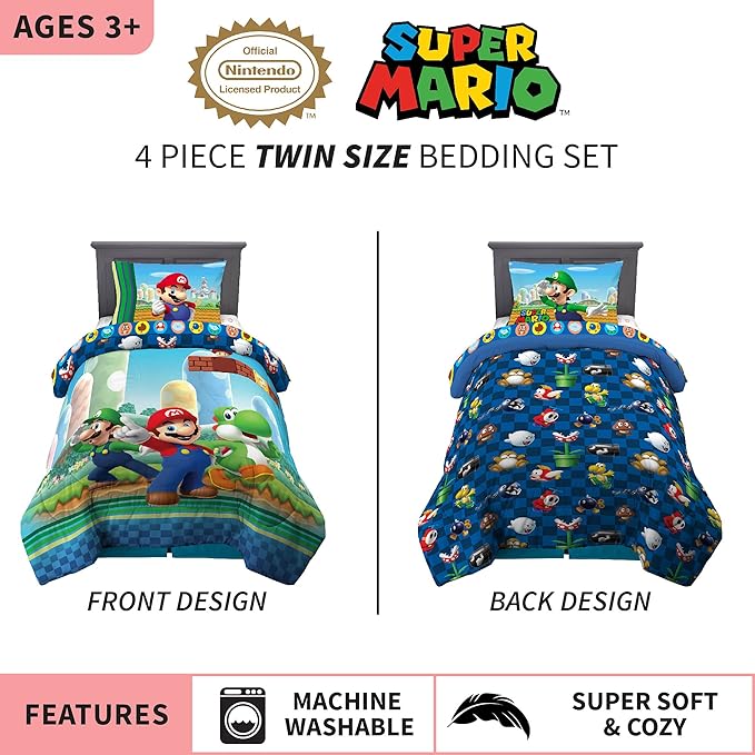 Franco Kids Bedding Super Soft Comforter and Sheet Set, 4 Piece Twin Size, Mario