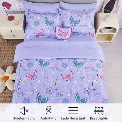 Mooreeke Bed in a Bag for Kids Girls Teens, 6 Pieces Twin Size Comforter Bed Set with Shams, Sheet Set and Decorative Toy Pillow, Butterfly Purple Super Soft Microfiber Kids Comforter Bedding Set