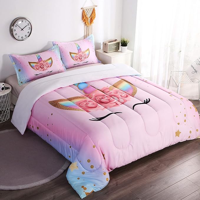 Unicorn Comforter Set Rainbow Soft Girls Unicorn Bedding with 1 Comforter 2 Pillowcases Pink Flower Unicorn Bedding Sets for Teens Girls Queen Size