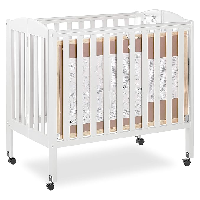 3 in 1 Portable Folding Stationary Side Crib in White, Greenguard Gold Certified, Safety Wheel with Locking Casters, Convertible, 3 Mattress Heights