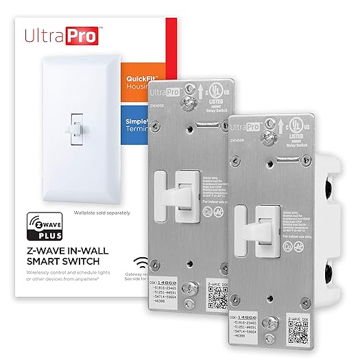UltraPro Z-Wave Smart Light Switch, Smart Toggle Light Switch, QuickFit & SimpleWire, 3-Way Ready, Works with Alexa, Google Assistant, ZWave Hub Required, Repeater/Range Extender, White, 2 Pack, 54912