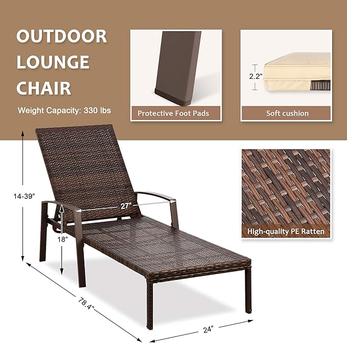 Pamapic 4 Pieces Patio Lounge Chair Set, Patio Chaise Lounges with Thickened Cushion, PE Rattan Steel Frame Pool Lounge Chair Set for Patio Backyard Porch Garden Poolside (Beige)