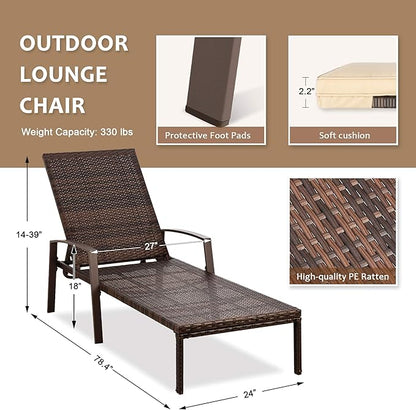 Pamapic Patio Lounge Chair, Patio Chaise Lounges with Thickened Cushion, PE Rattan Steel Frame Pool Lounge Chair Set for Patio Backyard Porch Garden Poolside(Beige)