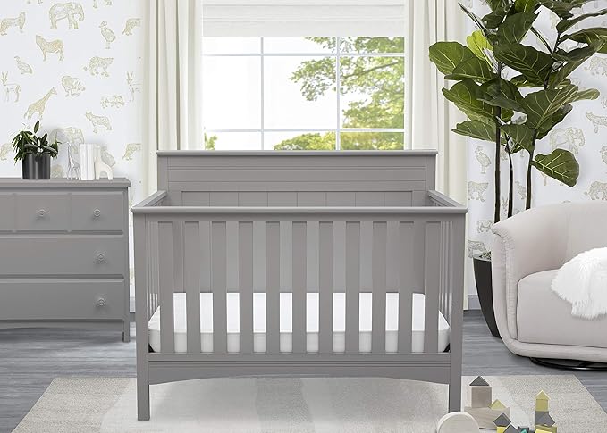 Delta Children Fancy 4-in-1 Crib, Grey + Serta Perfect Slumber Dual Sided Recycled Fiber Core Crib and Toddler Mattress (Bundle)