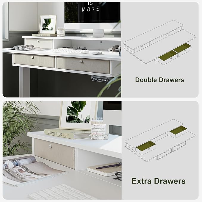 BANTI Height Adjustable Electric Standing Desk with 4 Drawers, 55 x 24 Inch Table with Storage Shelf, Sit Stand Desk, White Top