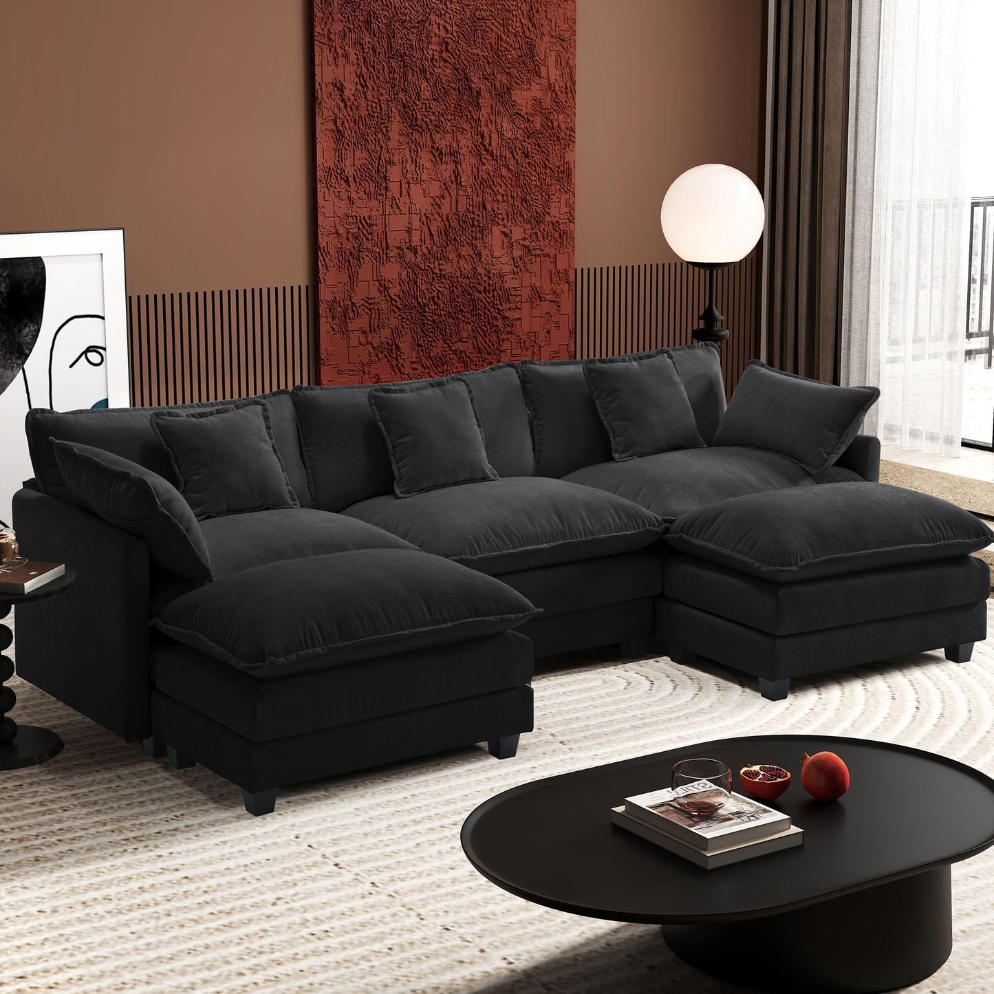 Ihanherry 111.4" L Shaped Modern Sofa Modular Sectional Cloud Couch with Ottoman, 4-Seat Chenille Deep Seat Sofa with Pillow for Living Room, Bedroom and Apartment, Beige