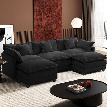 Ihanherry 111.4" L Shaped Modern Sofa Modular Sectional Cloud Couch with Ottoman, 4-Seat Chenille Deep Seat Sofa with Pillow for Living Room, Bedroom and Apartment, Beige