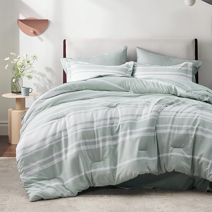 Bedsure Bed in a Bag Full Size 7 Pieces, Sage Green White Striped Bedding Comforter Sets All Season Bed Set, 2 Pillow Shams, Flat Sheet, Fitted Sheet and 2 Pillowcases