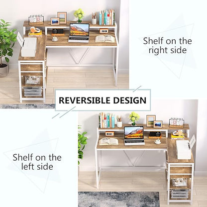 Reversible L-Shaped Computer Desk with hutch & Shelf,white
